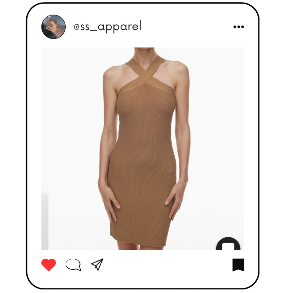 Babaton Brown Cross-Neck Ribbed Bodycon Dress